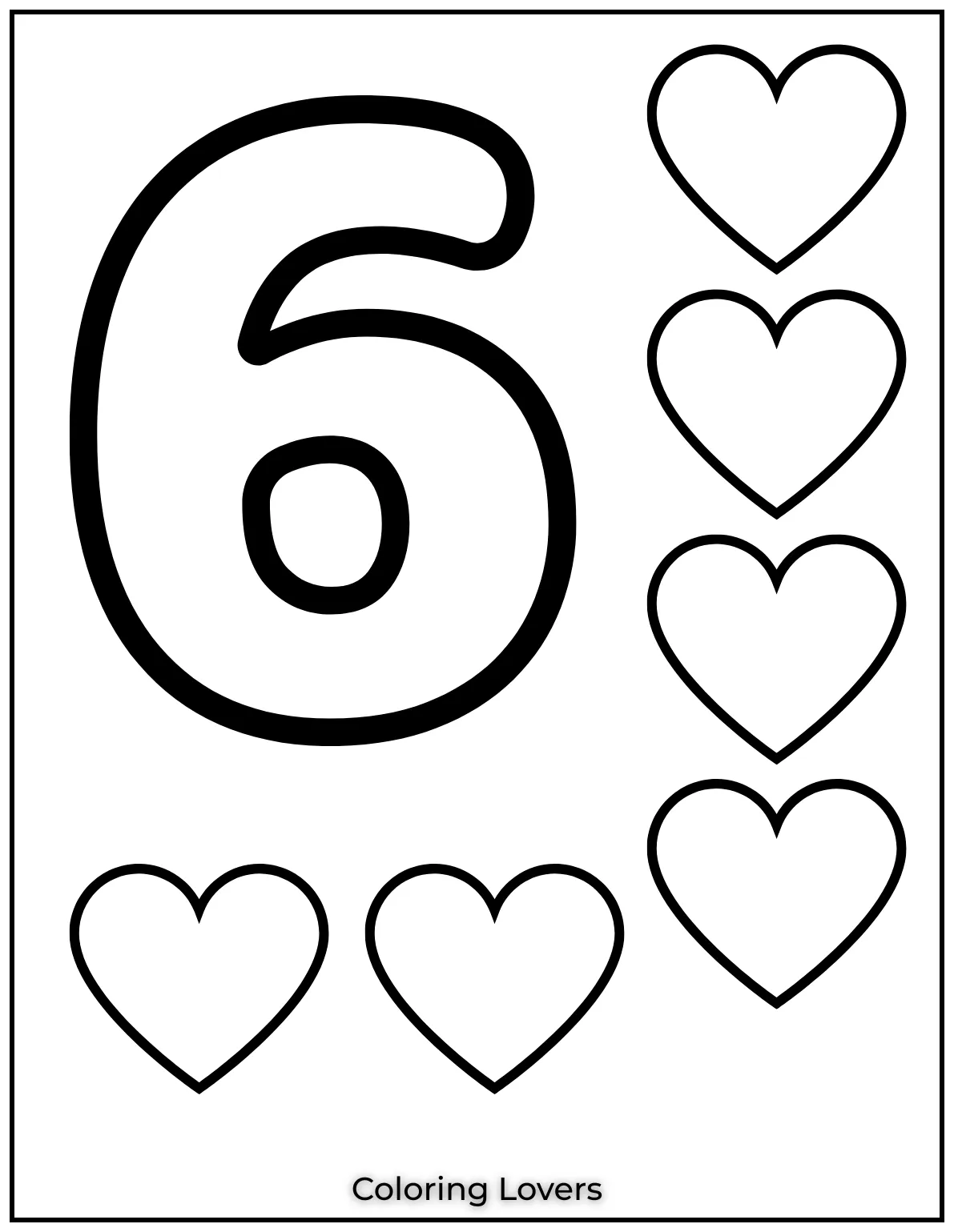 Number 6 coloring page with six hearts