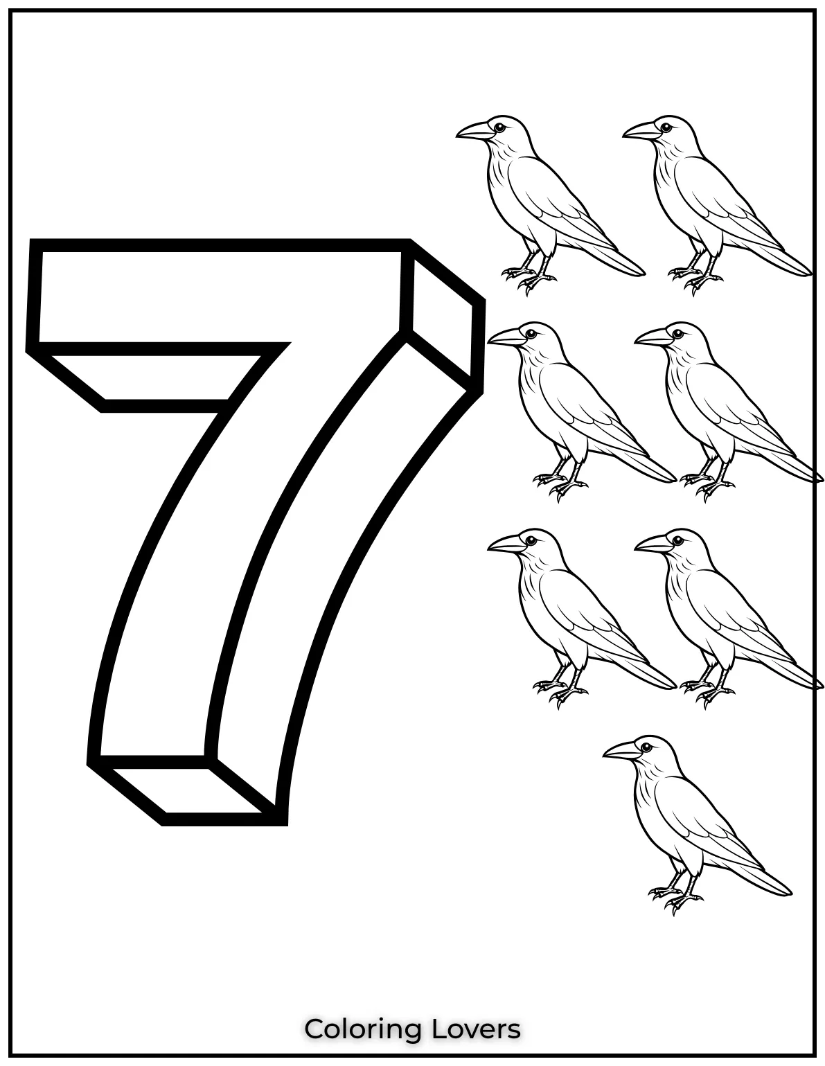 Number 7 coloring page with seven crow