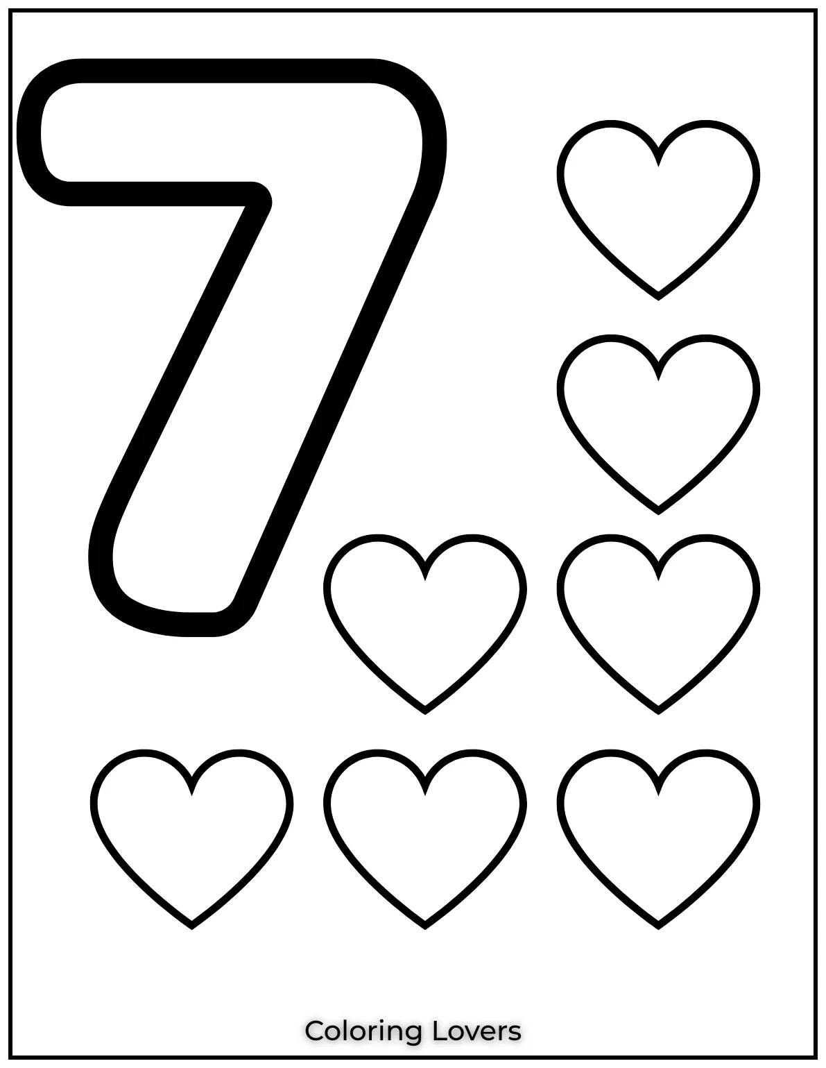 Number 7 coloring page with seven hearts
