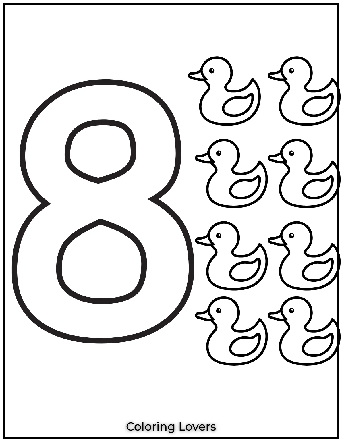 Number 8 coloring page with eight ducks