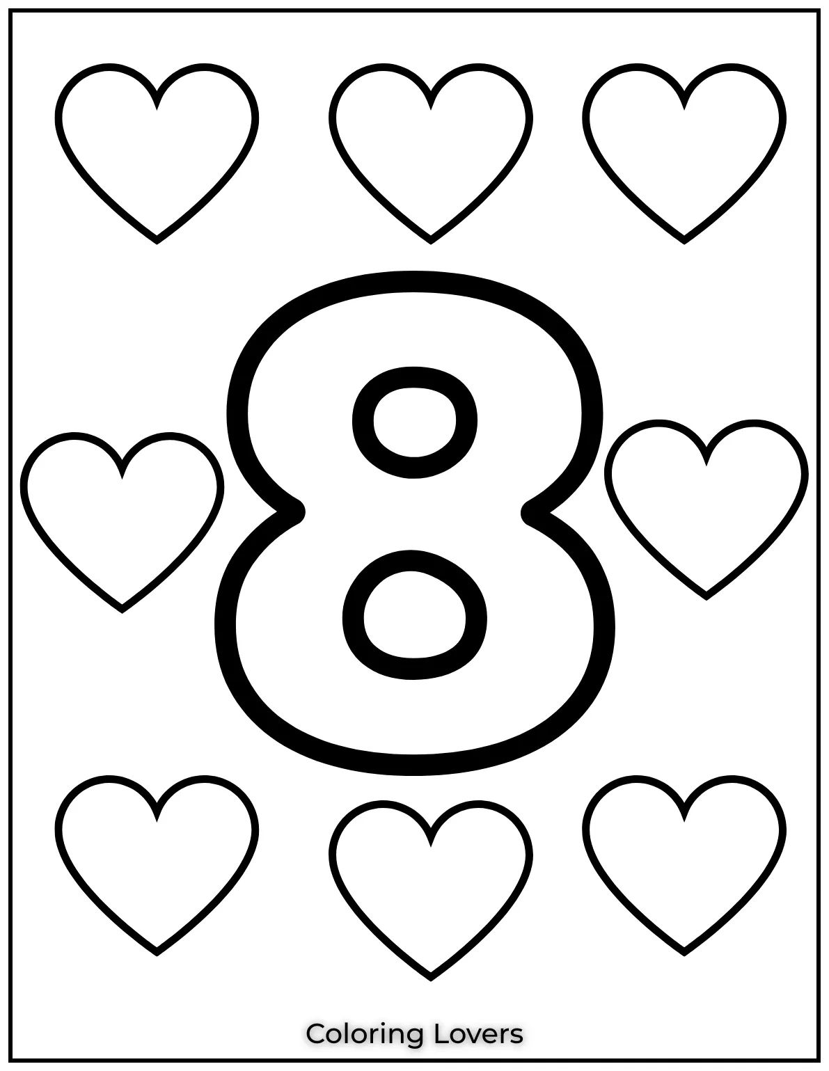 Number 8 coloring page with eight hearts