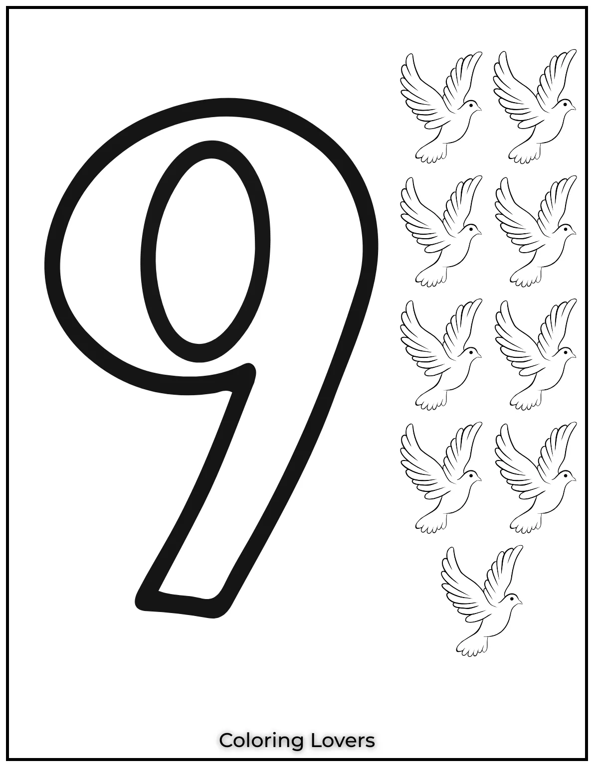 Number 9 coloring page with nine doves