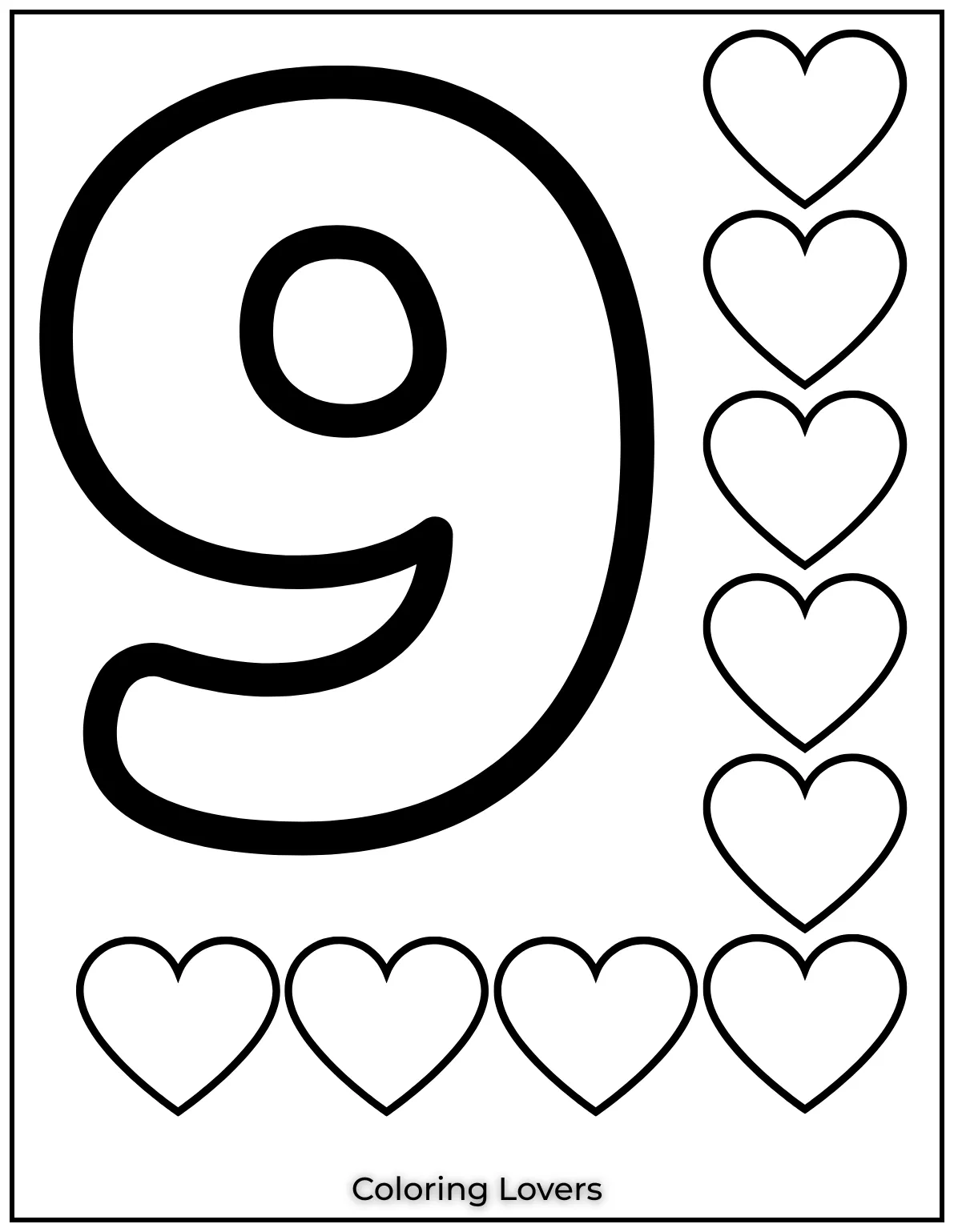 Number 9 coloring page with nine hearts