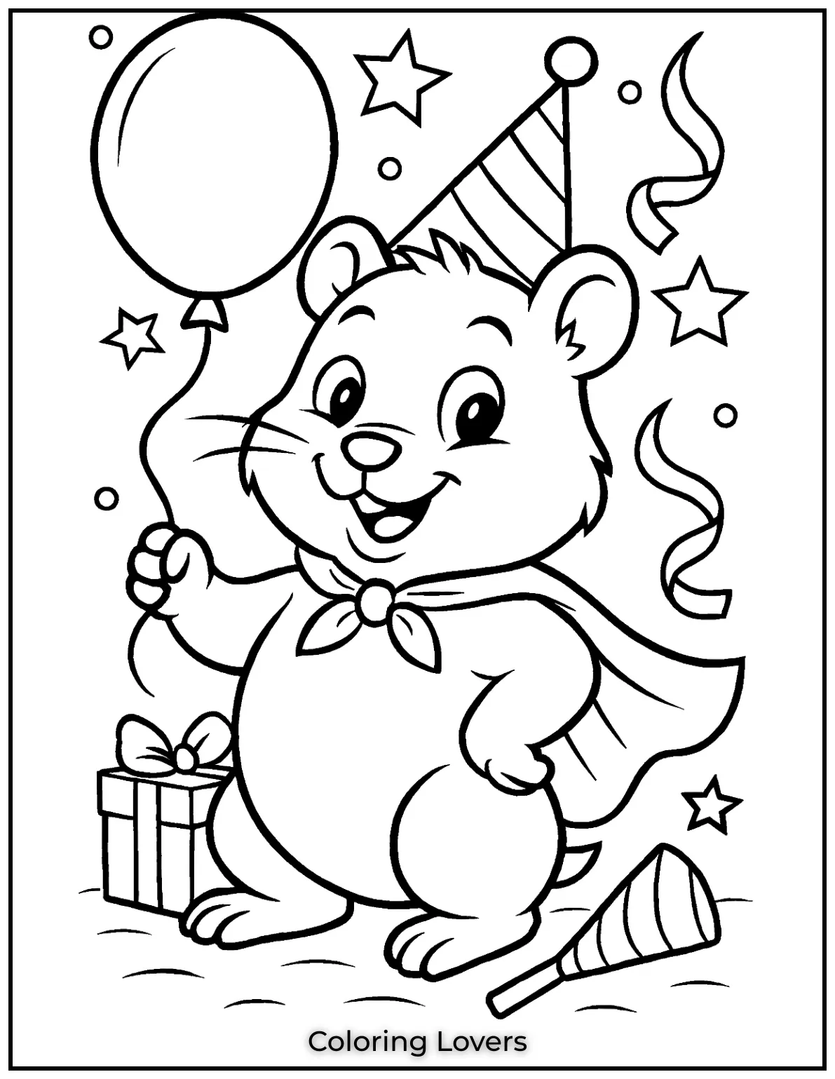 Our party hamster is ready to celebrate with a big balloon and party hat