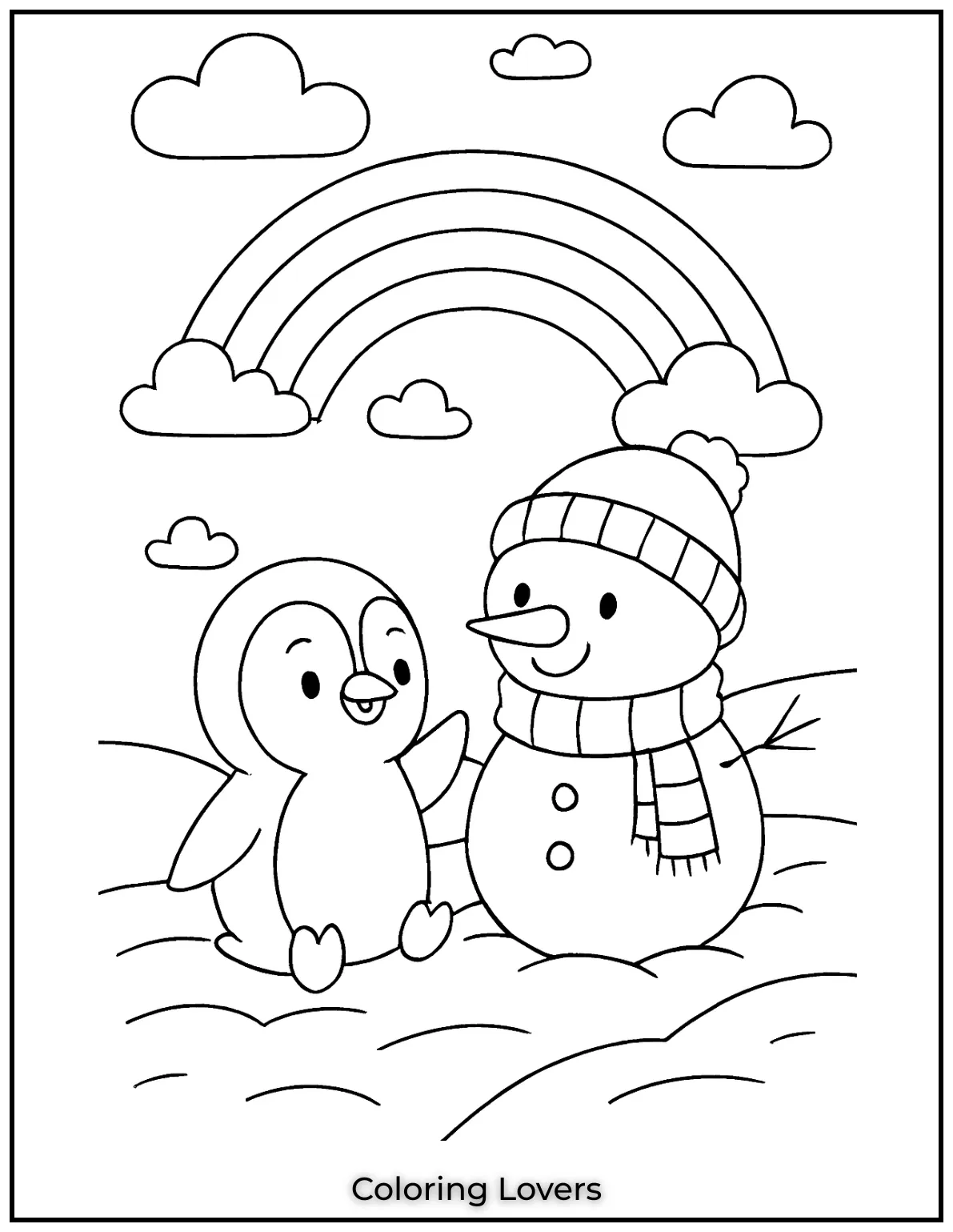 Penguin chats with a snowman under a gentle rainbow. This coloring page invites soft pastel