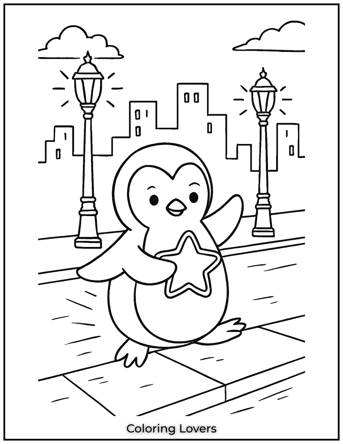 Penguin glides along the sidewalk past glowing lamp posts. Kids can try bold city shades to make this scene pop