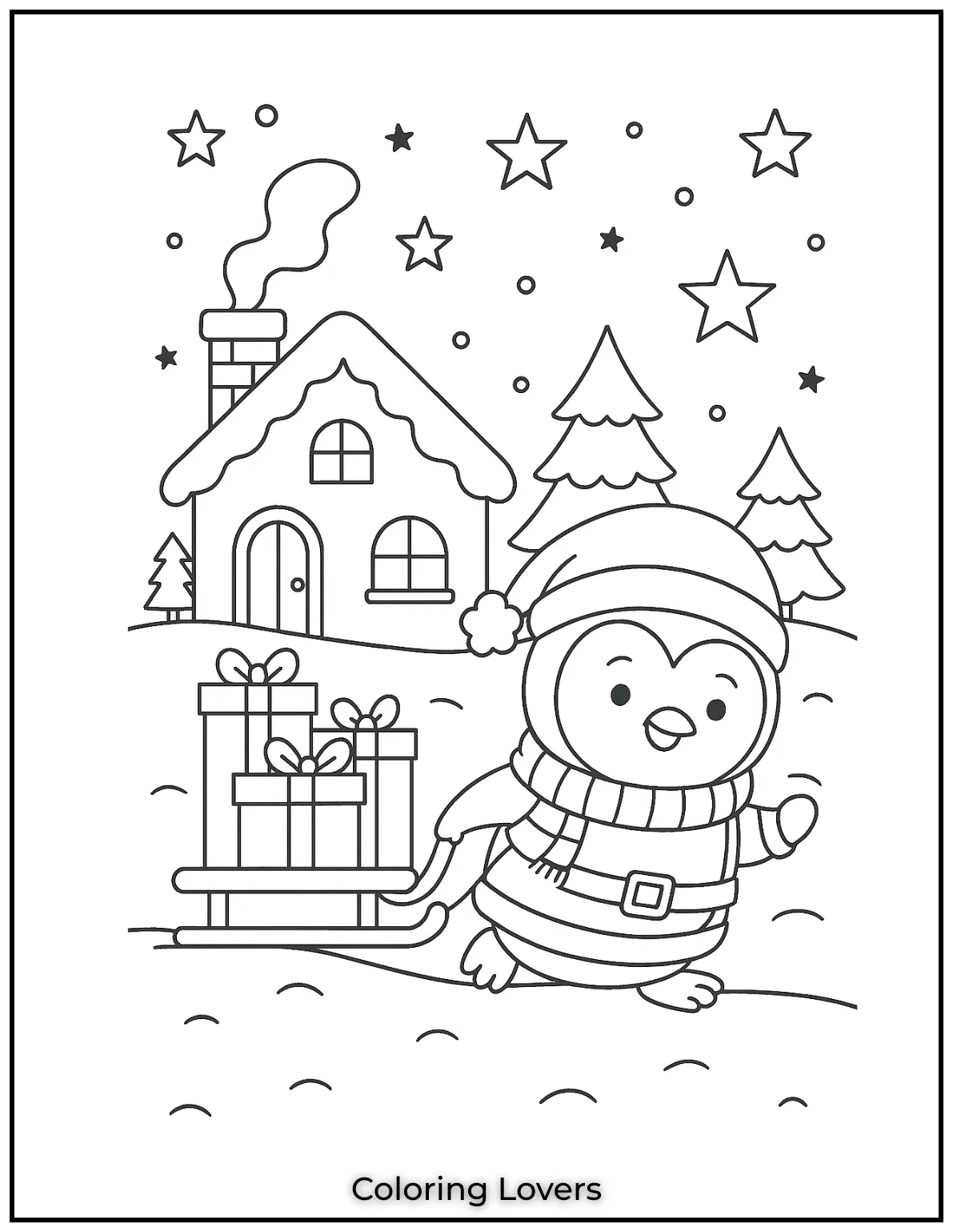 Penguin hauls a sled of gifts past a snowy cottage under Christmas stars. Adding cool blues and reds will make these penguin coloring pages pop against the winter scene