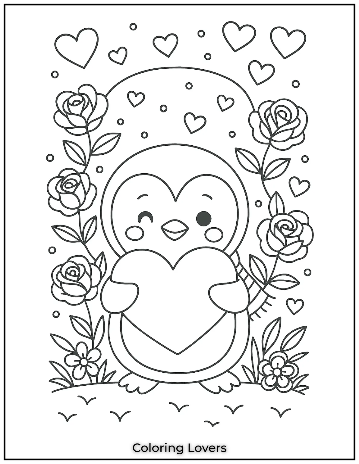 Penguin holds a big heart surrounded by roses and hearts. Pick reds and pinks for warm loving vibes