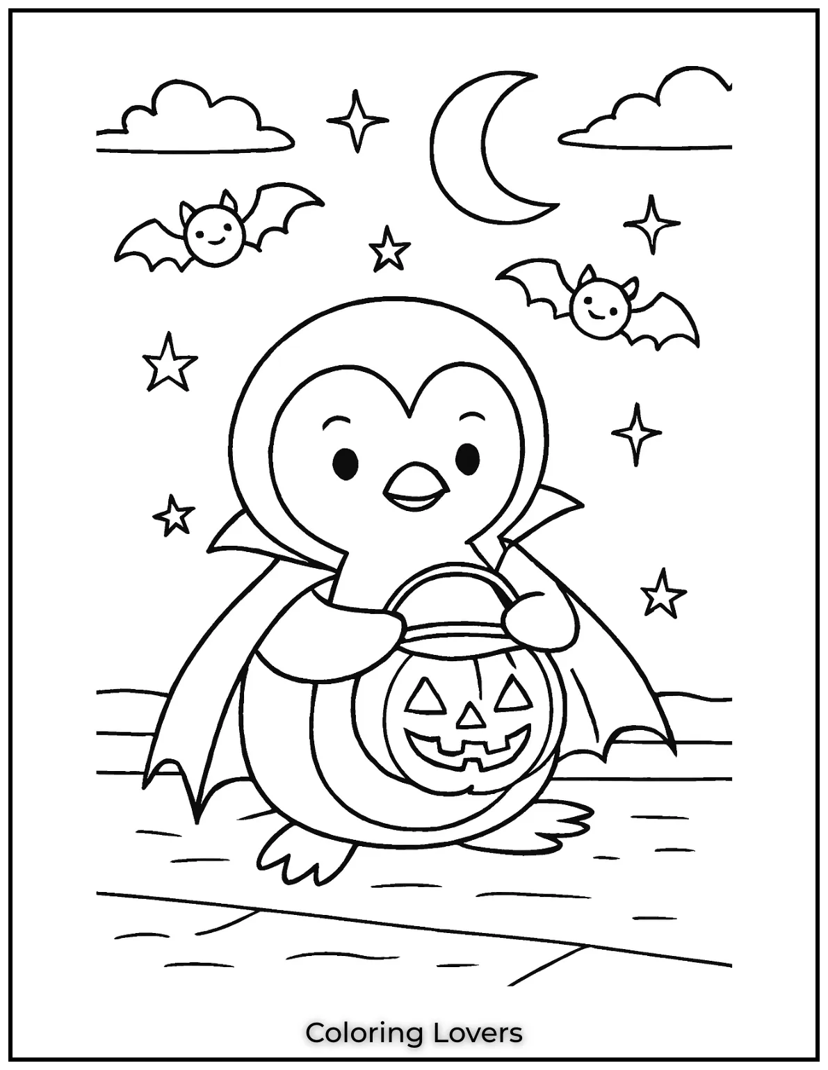 Penguin in a bat cape holds a candy pumpkin basket. Mix dark purples and oranges for spooky fun
