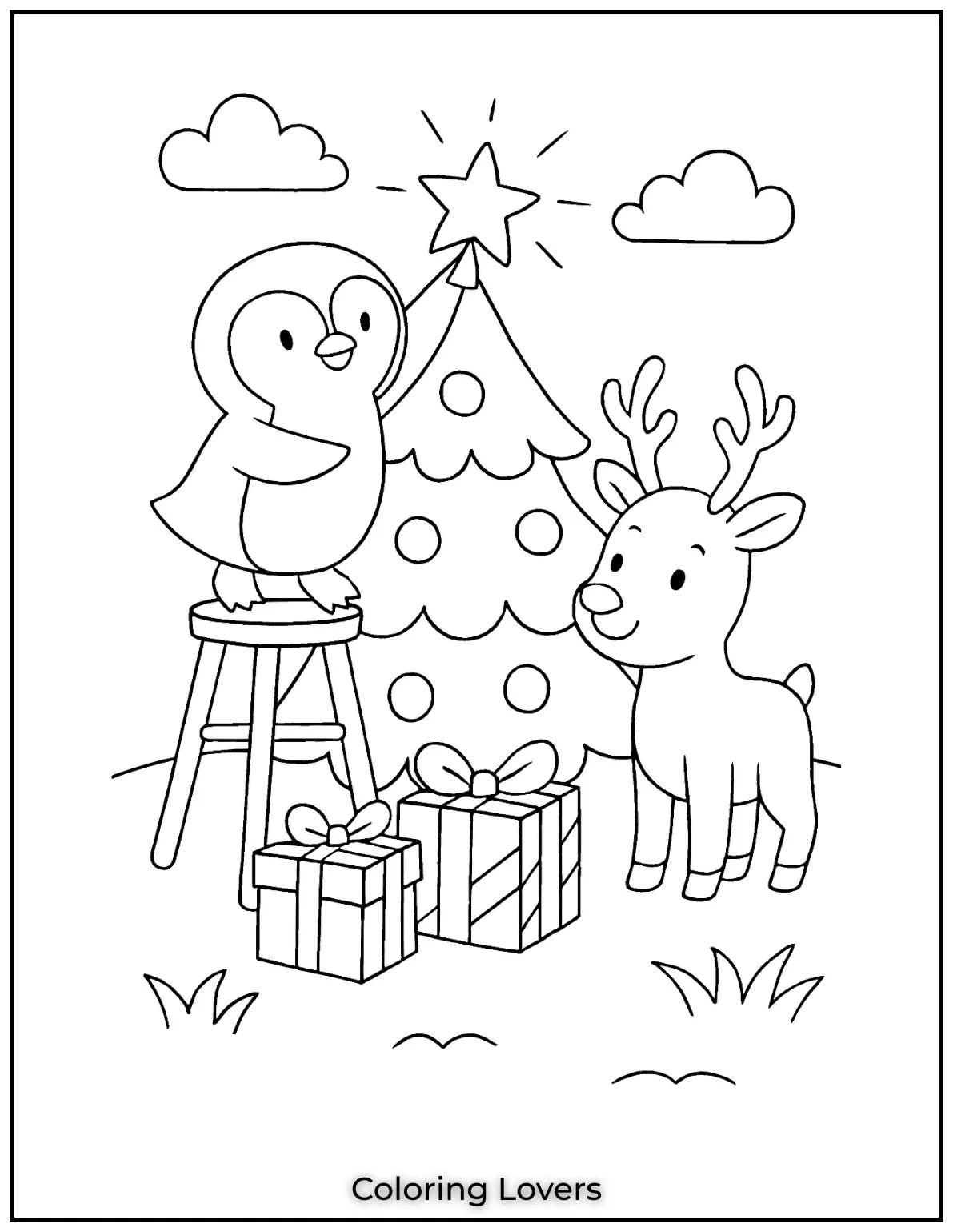 Penguin on a stool tops a sparkling Christmas tree star as a reindeer looks on. We suggest vivid colors to make each bauble shine
