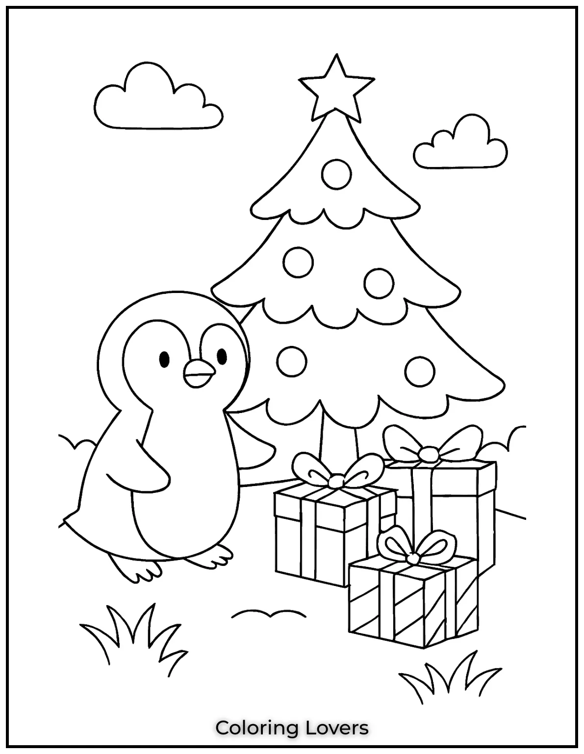 Penguin stands wide eyed beside a decorated Christmas tree and wrapped gifts. Try green and gold shades to warm up this cozy scene