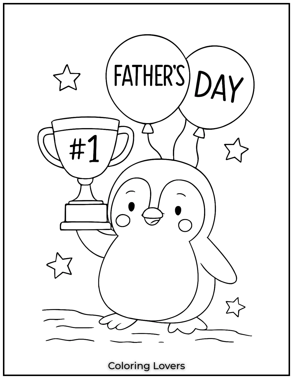Penguin with trophy and balloons for Fathers Day. Enjoy these printable penguin coloring pages with bold hues
