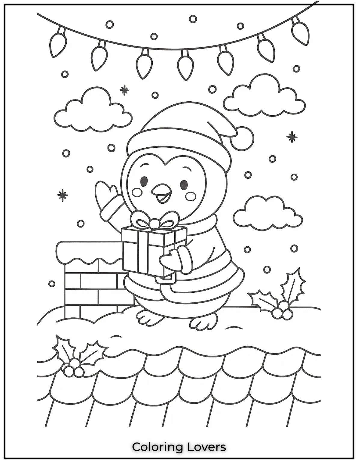 Santa suited penguin balances on a snowy rooftop by a chimney under Christmas lights. Try bold reds and whites for a timeless festive style