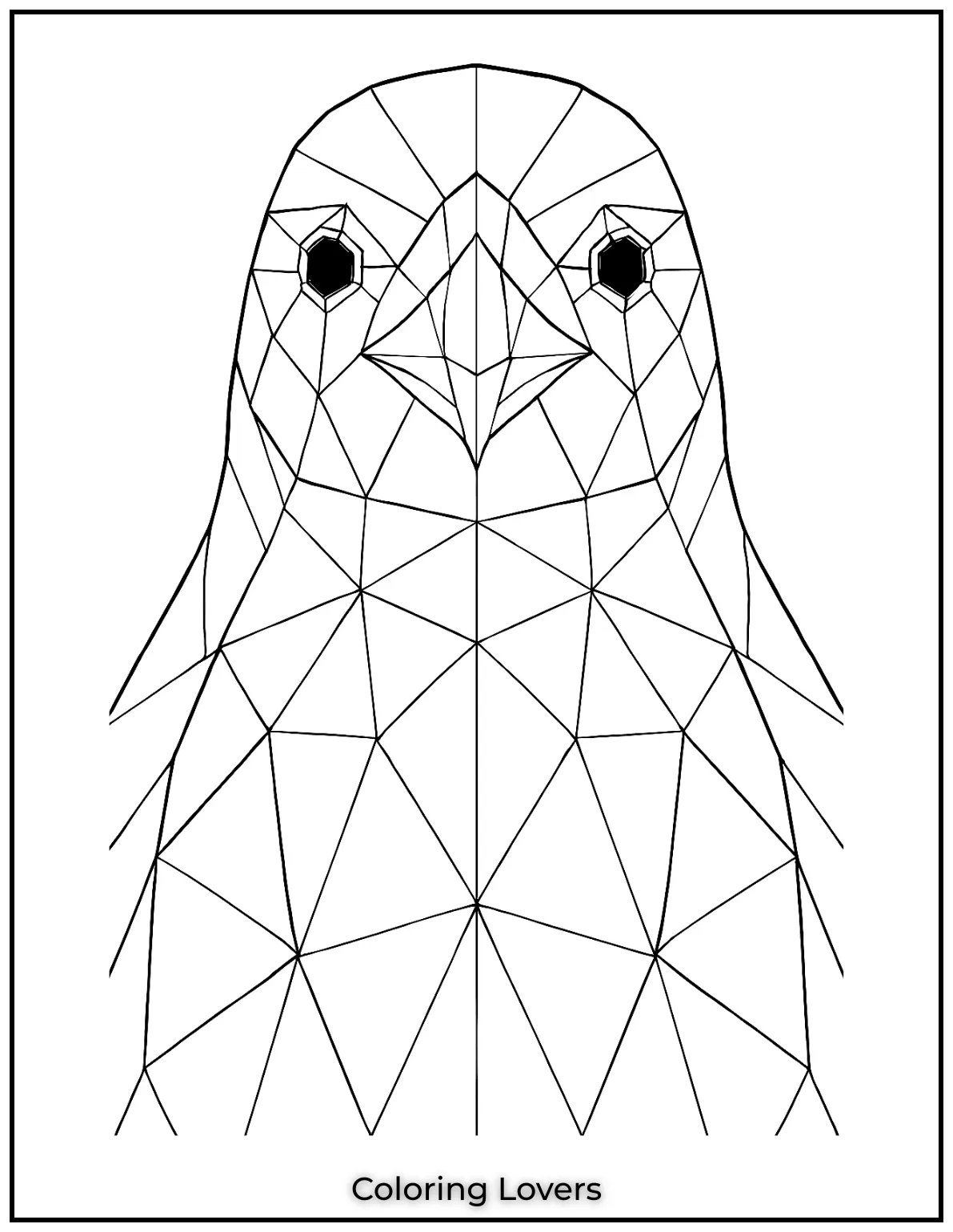 Sharp polygons form a penguins face in a modern geometric pattern. Great focus exercise for adults
