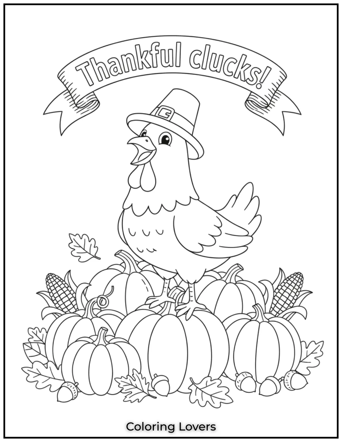 Thankful clucks How fun is this chicken in a pilgrim hat Standing proudly on a pile of pumpkins its clucking away about all the things its thankful for