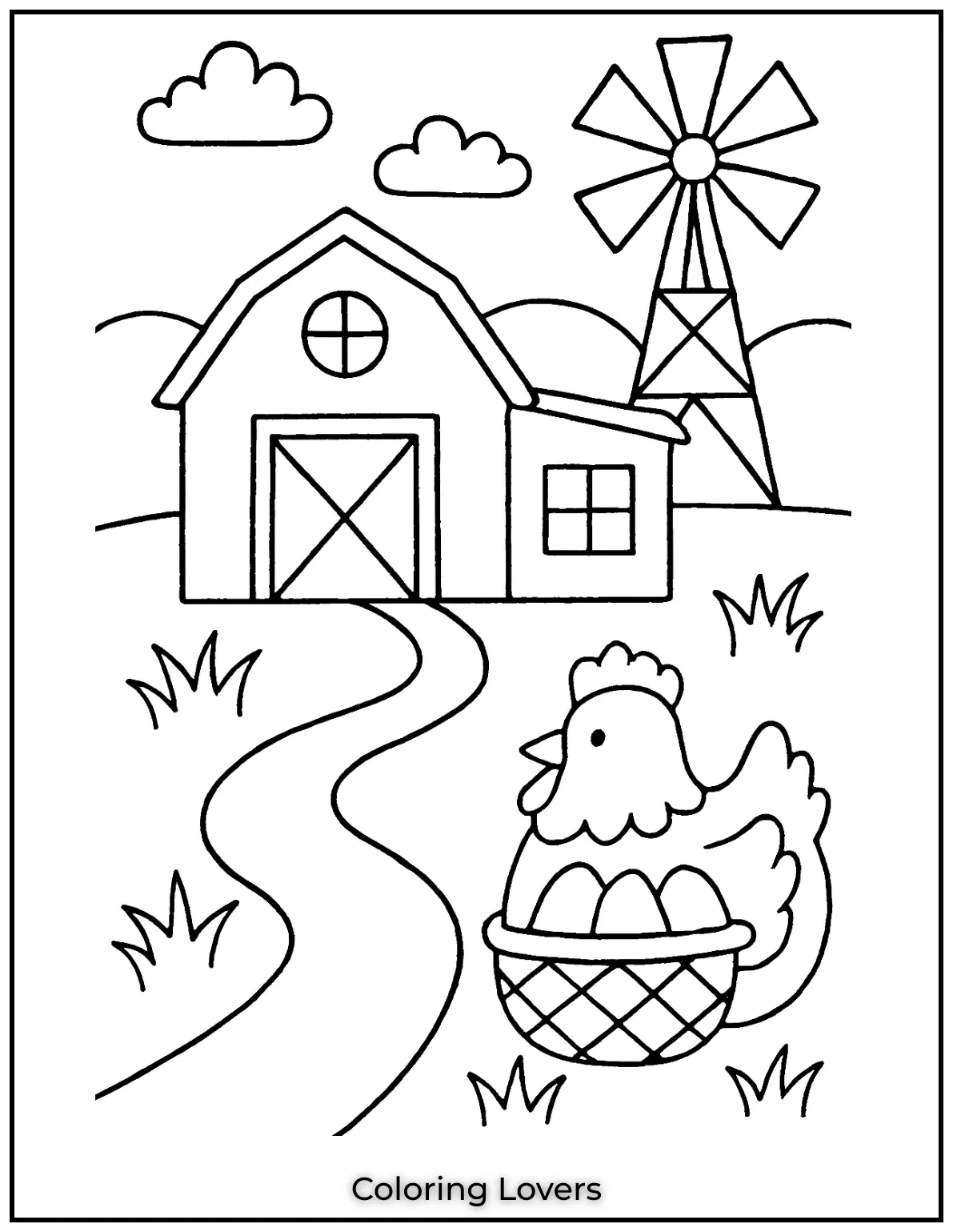 Fun House Coloring Pages – Easy Printable Sheets 34 These farmhouse coloring pages feature a rustic barn and a windmill. A winding path leads to this serene countryside