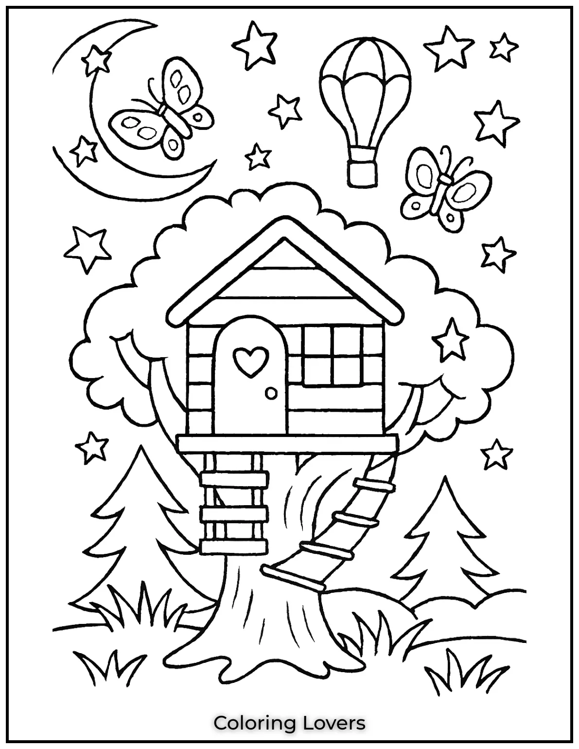 Fun House Coloring Pages – Easy Printable Sheets 37 These treehouse coloring page feature a dreamy treetop home. Hot air balloons and butterflies float in the starry sky