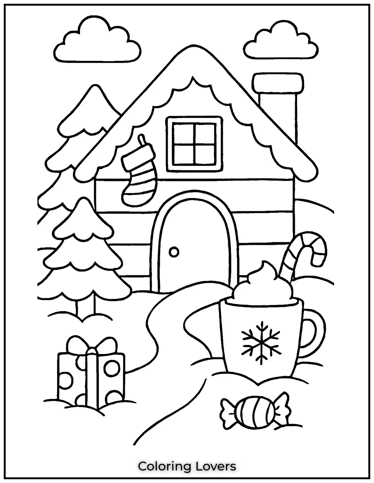 Fun House Coloring Pages – Easy Printable Sheets 19 This Christmas house coloring page features a warm cottage with snowy hills. A hot cocoa mug adds extra coziness
