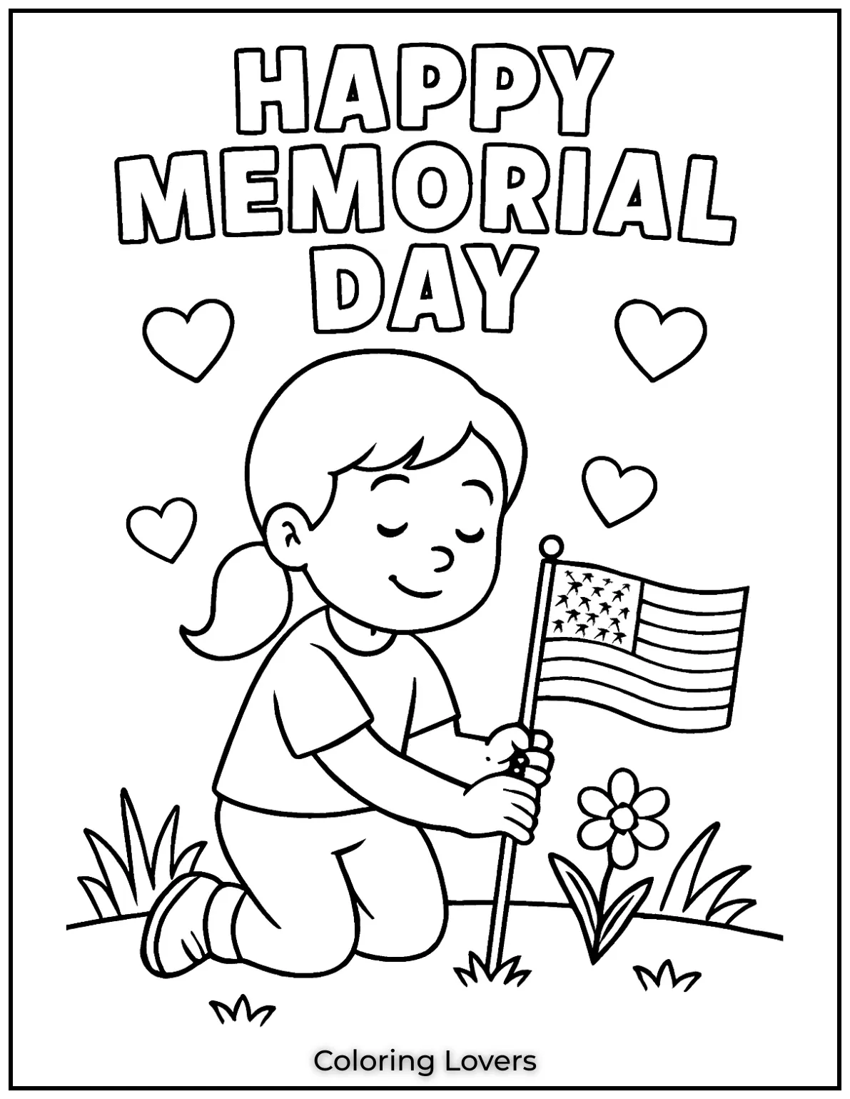 This caring kid gently plants a flag in the ground. Shes surrounded by hearts and the words Happy Memorial Day