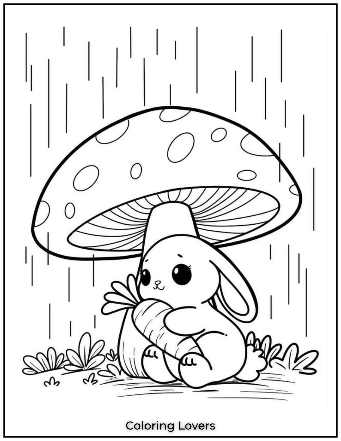 This cute bunny rests next to a mushroom patch looking soft and cheerful. Perfect for cute coloring pages for kids