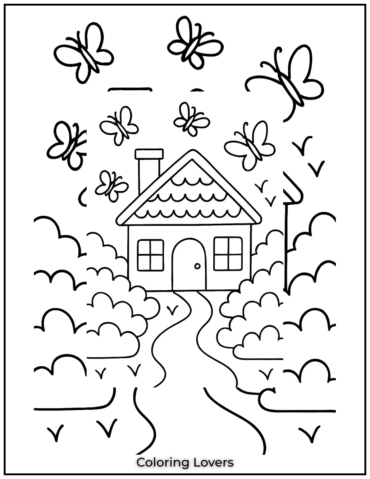 Fun House Coloring Pages – Easy Printable Sheets 6 This cute house is surrounded by fluttering butterflies making it a cheerful and lively place to bring to life with colors
