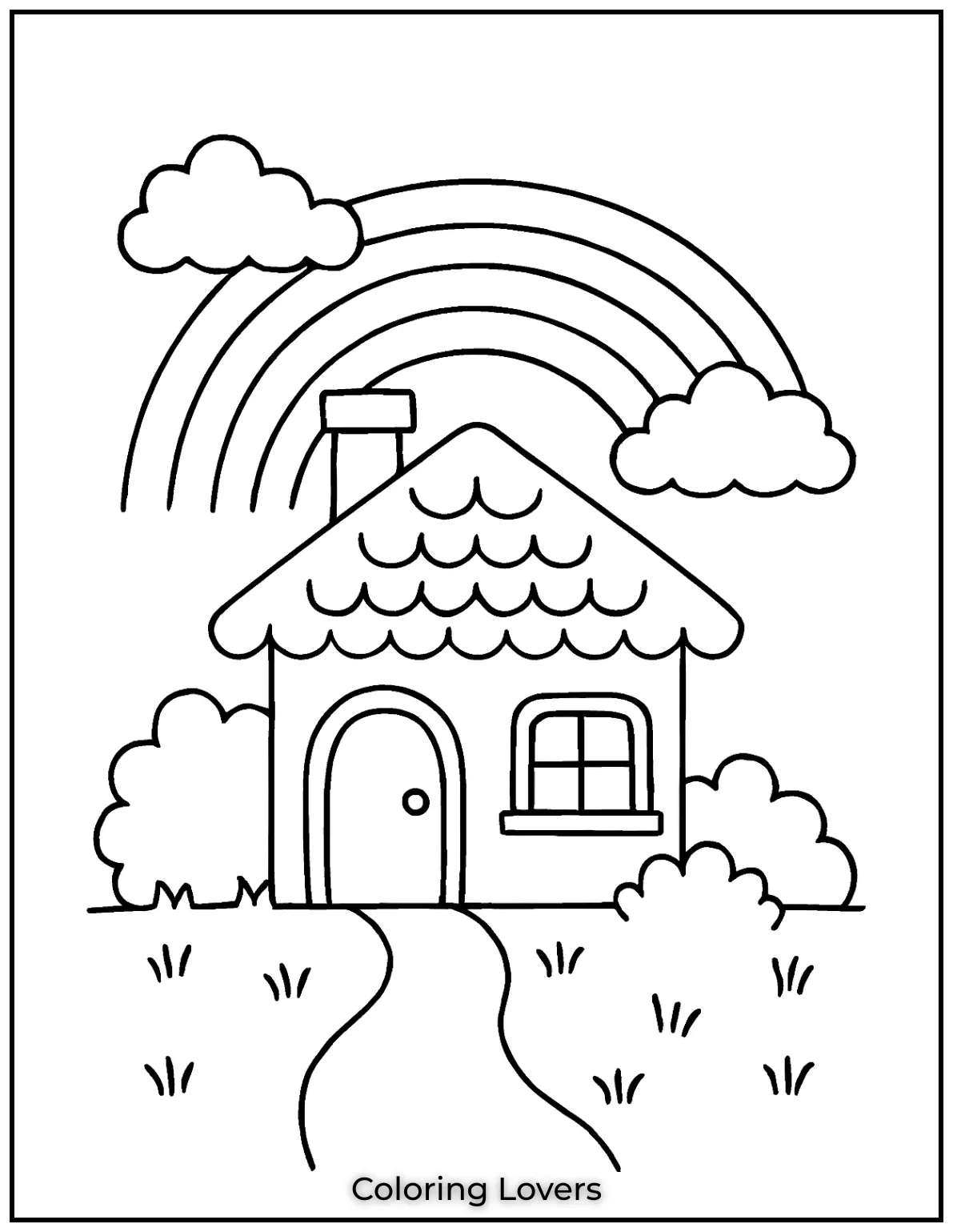 Fun House Coloring Pages – Easy Printable Sheets 10 This delightful house coloring page features a cozy home under a rainbow waiting for bright and cheerful colors