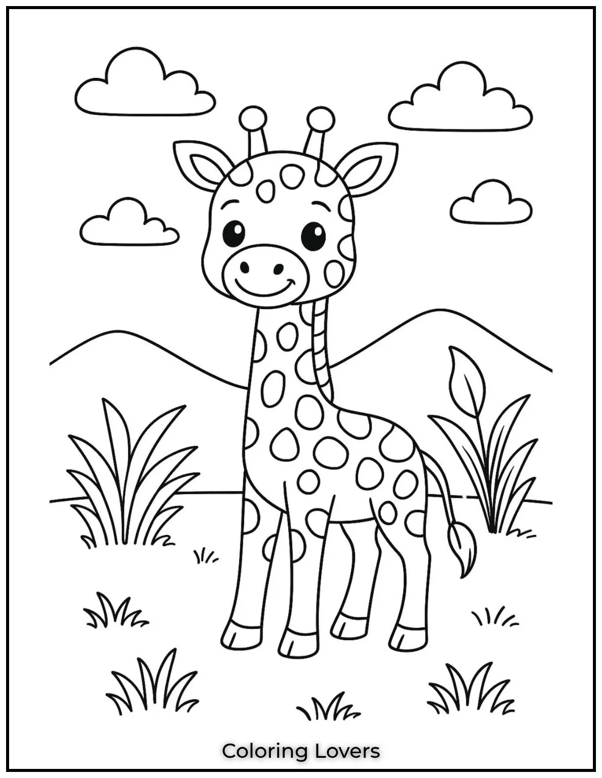 This happy cute little giraffe stands tall under a cheerful sun and leafy tree. Have fun coloring her unique spots