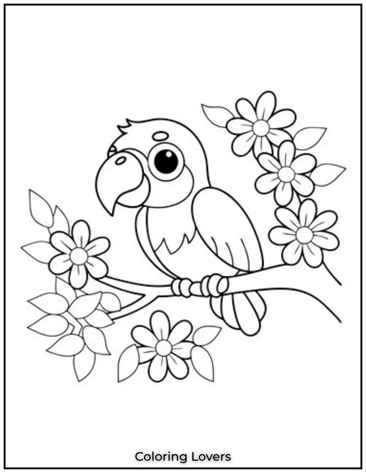 This happy little parrot sitting near a blooming flower is perfect for a fun and free cute coloring page
