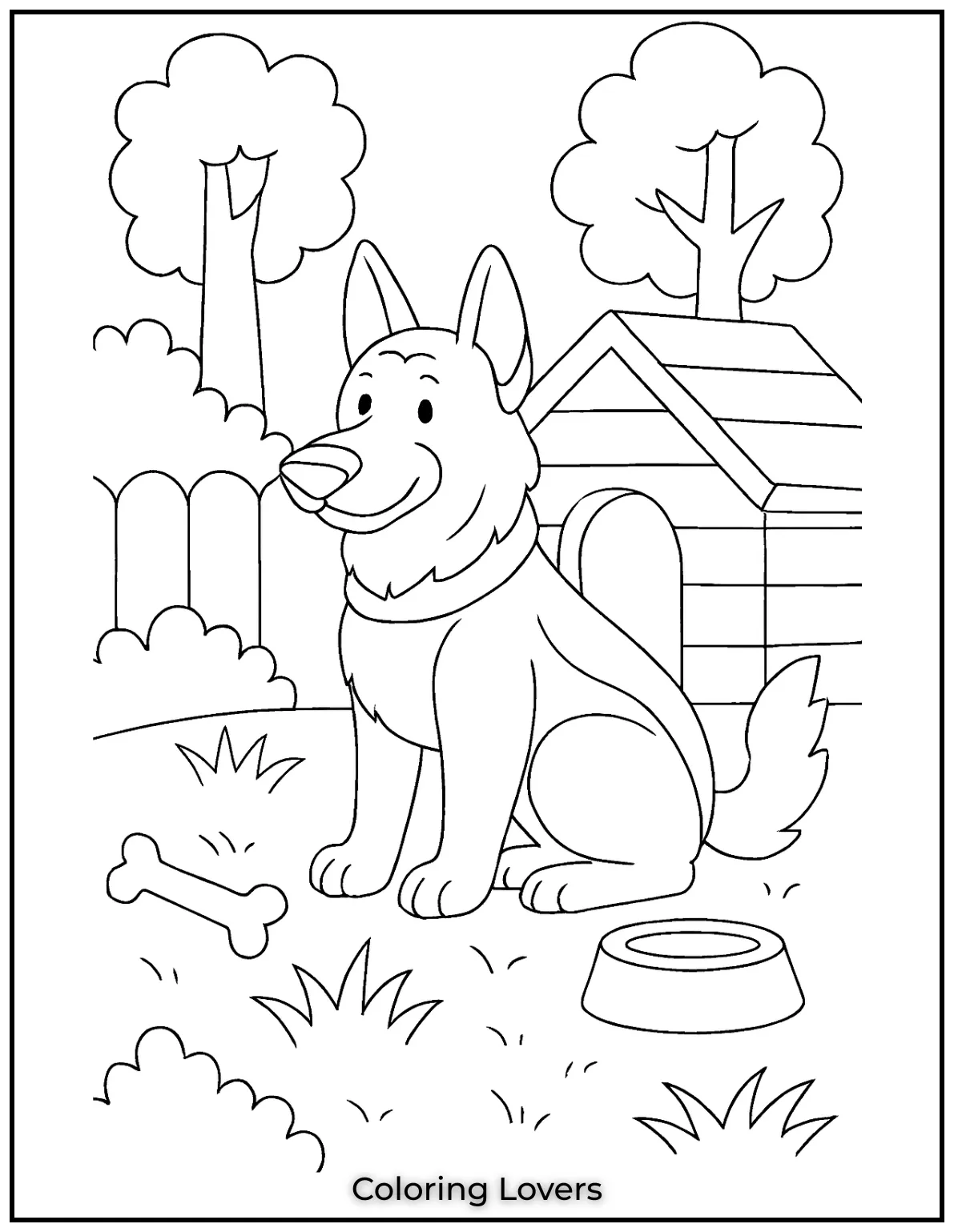 Fun House Coloring Pages – Easy Printable Sheets 49 This loyal German Shepherd rests near his sturdy doghouse. Surrounded by trees its the perfect outdoor retreat