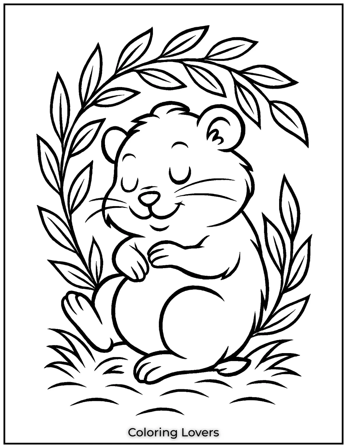 This peaceful hamster is sleeping inside a wreath of leaves. A relaxing hamster coloring page for kids to unwind while they color