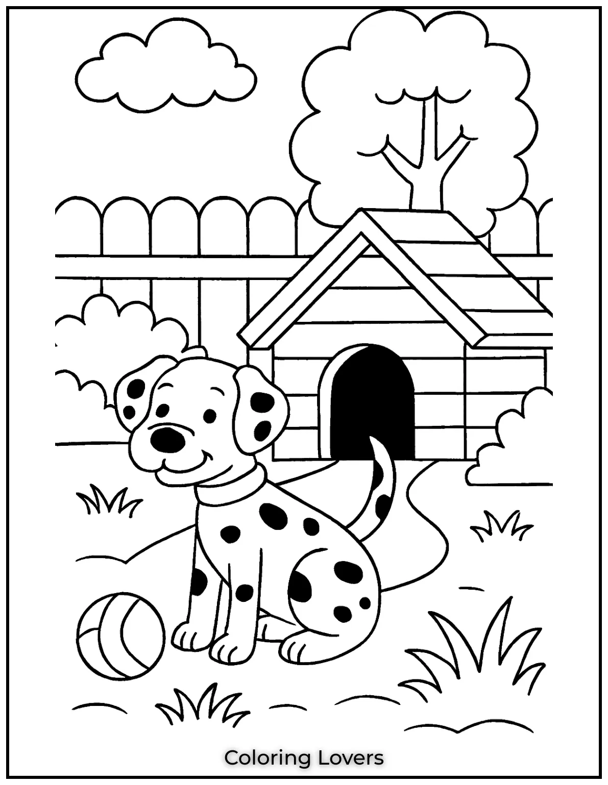 Fun House Coloring Pages – Easy Printable Sheets 47 This playful Dalmatian is ready for fun in the backyard. His cozy little doghouse is the perfect spot for a nap