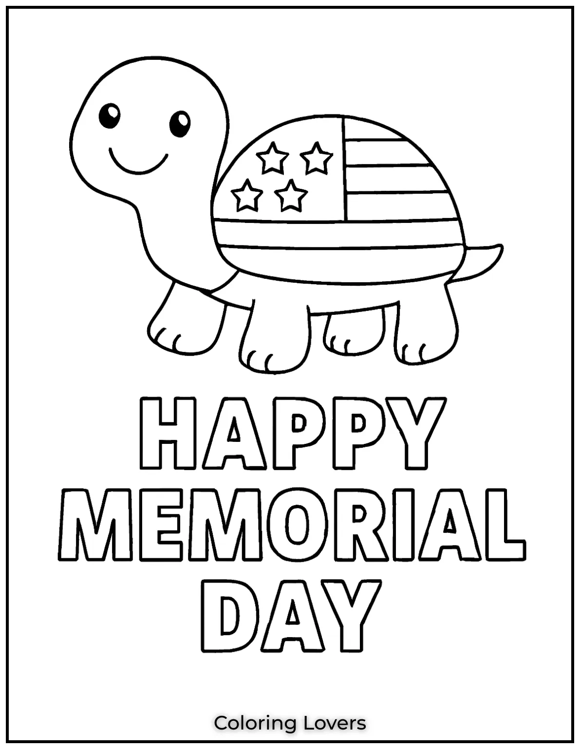 This smiling turtle wears a flag on its shell. One of our most adorable memorial day coloring pages