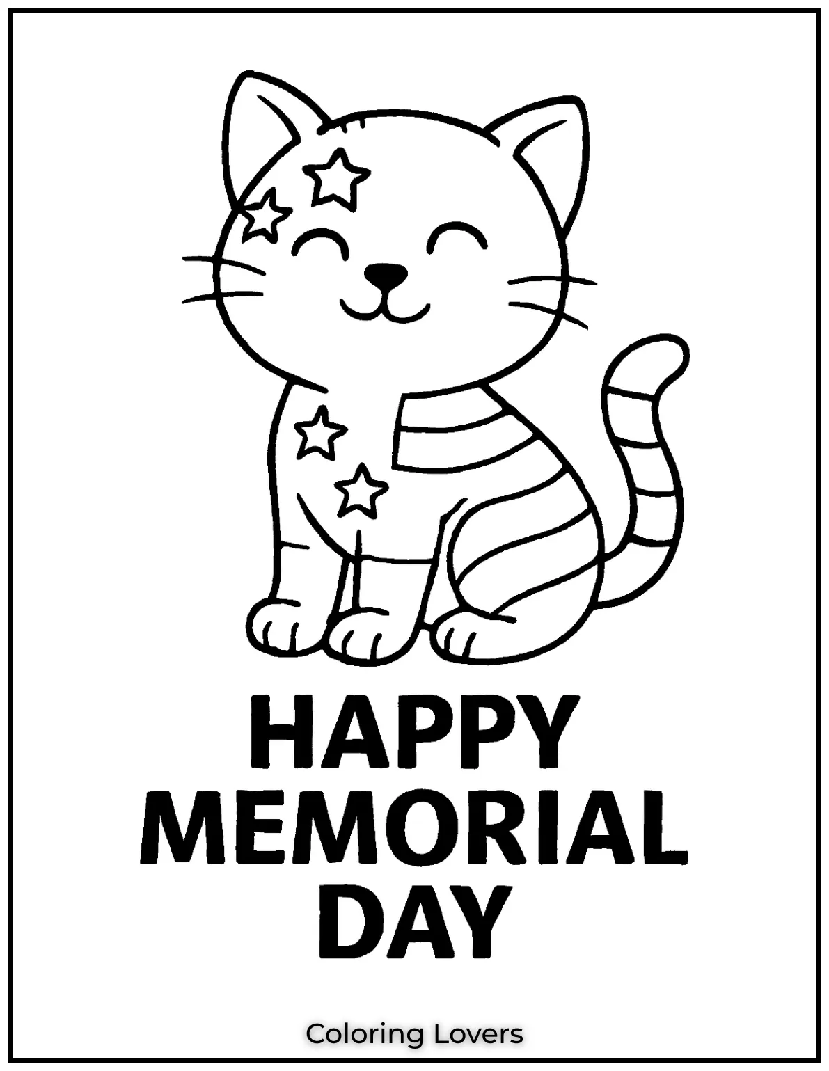 This sweet kitten is covered in stars and stripes like the flag. Below her paws it proudly says Happy Memorial Day