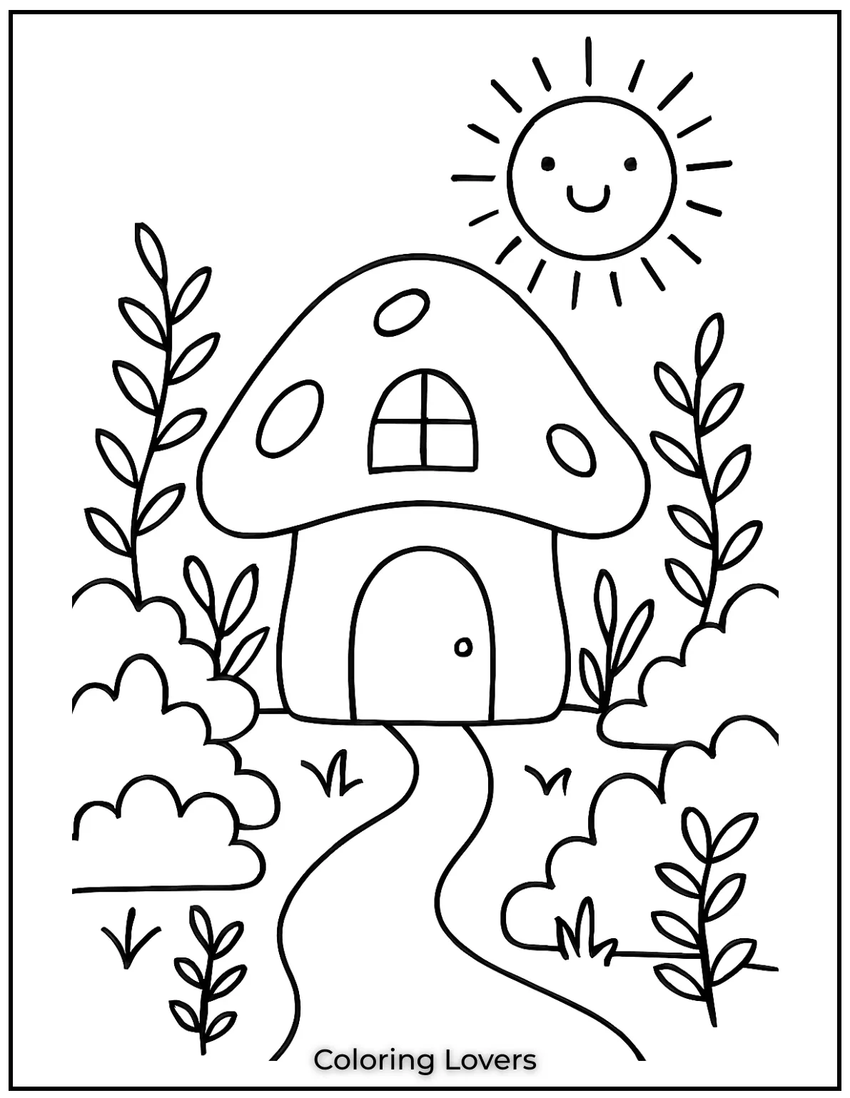 Fun House Coloring Pages – Easy Printable Sheets 4 This whimsical house looks like its straight out of a fairy tale with a happy sun watching over and nature all around