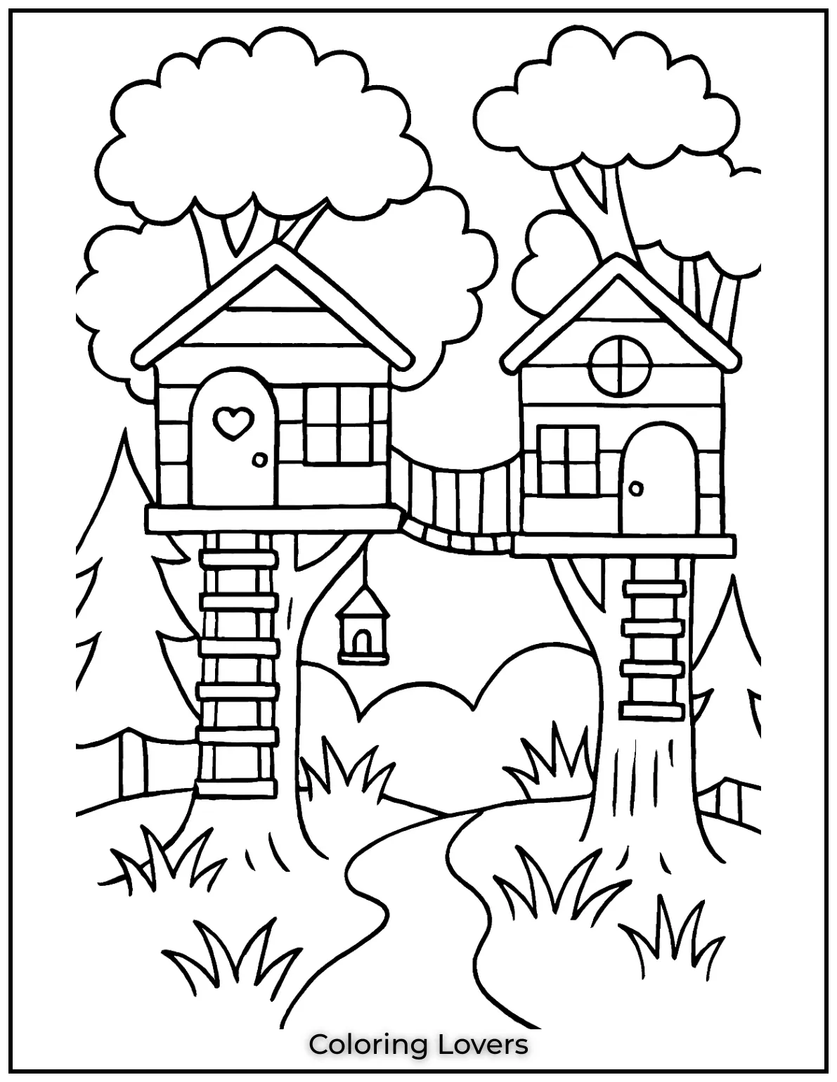 Fun House Coloring Pages – Easy Printable Sheets 36 Two charming treehouses are connected by a wooden bridge. Tall trees surround this peaceful hideaway