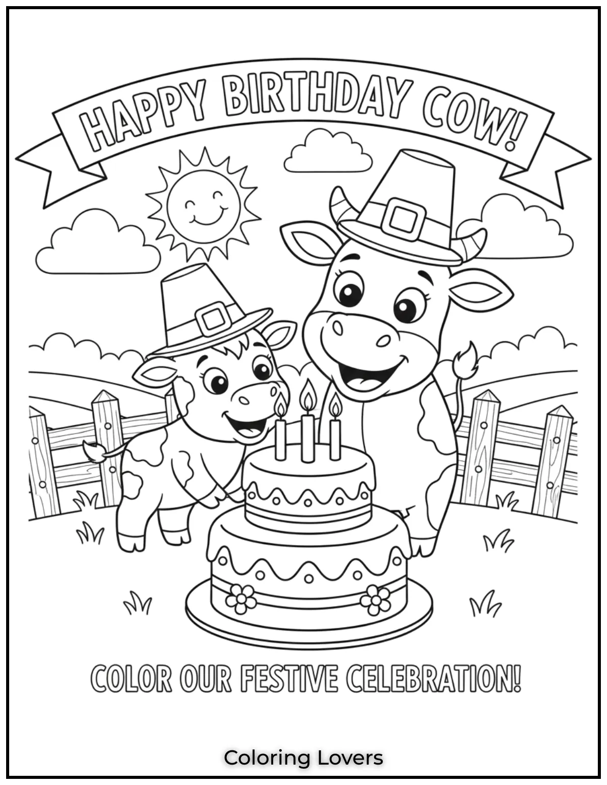 A baby cow is excited to blow out the candles on its birthday cake while its mother watches