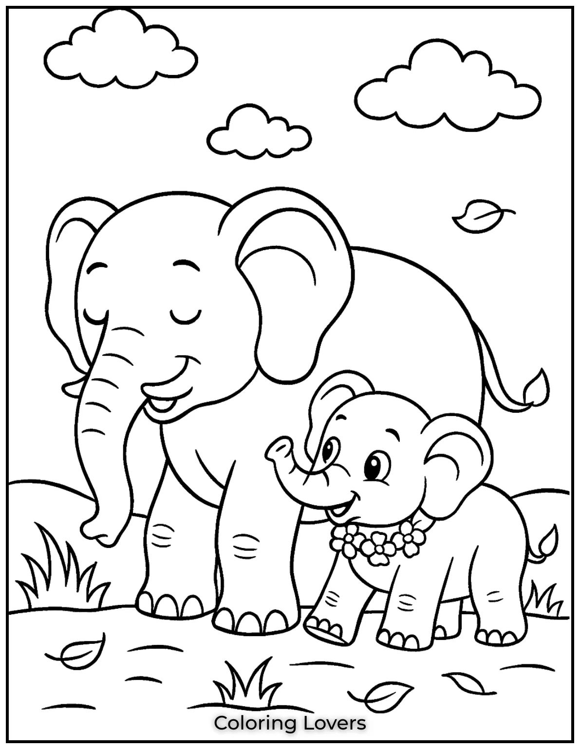 Unique Elephant Coloring Pages for Kids 21 A baby elephant following its mother—a calm and peaceful moment for kids to color 1