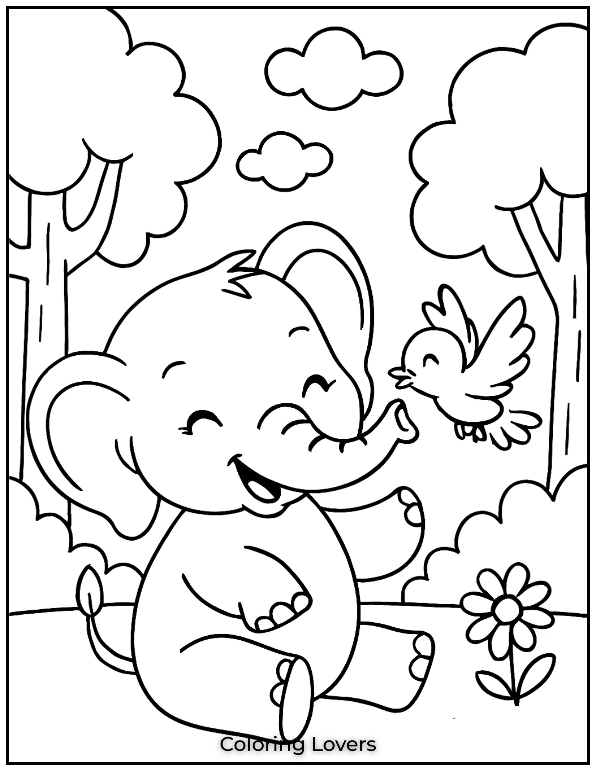 Unique Elephant Coloring Pages for Kids 34 A baby elephant playing with a bird in the forest. Such a joyful scene for little ones to color 1