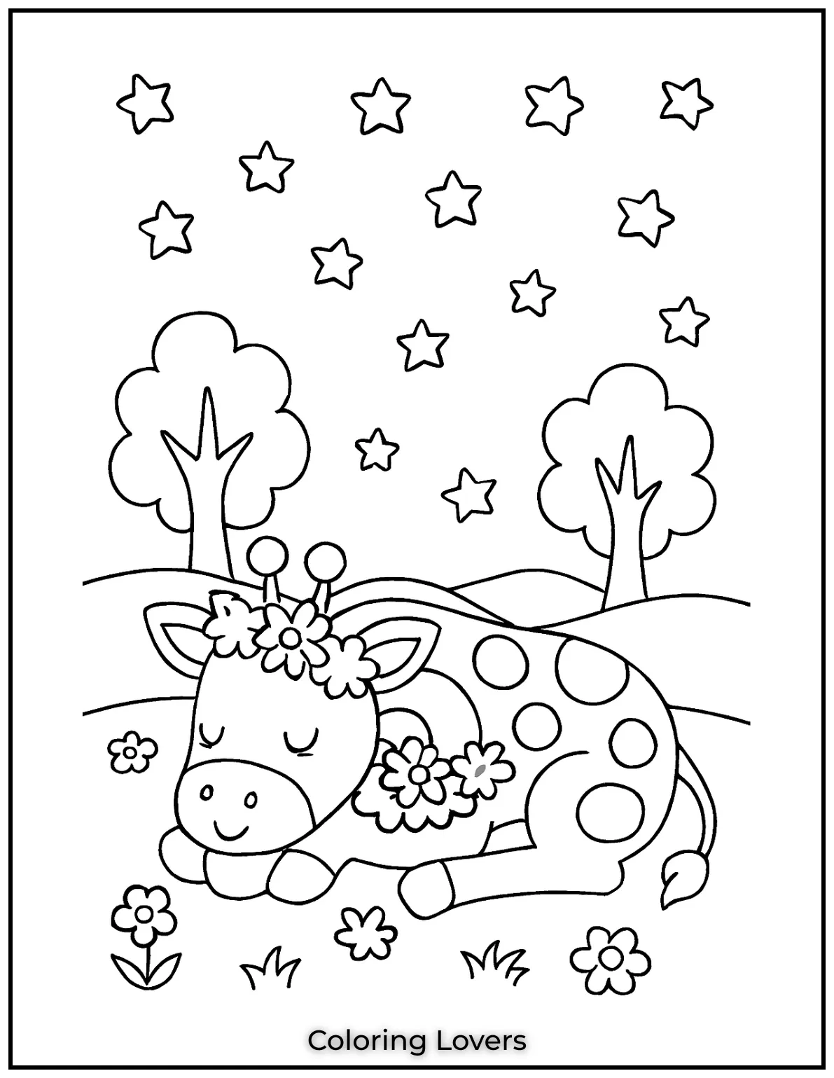 Amazing Giraffe Coloring Pages (Free Printables) 20 A baby giraffe sleeps peacefully under a sky full of stars. This page is calm and relaxing for little artists to color