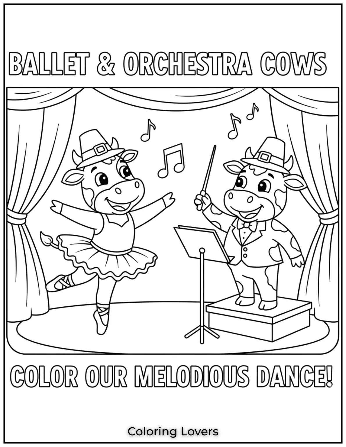 A ballerina cow twirls gracefully while a conductor cow leads the music