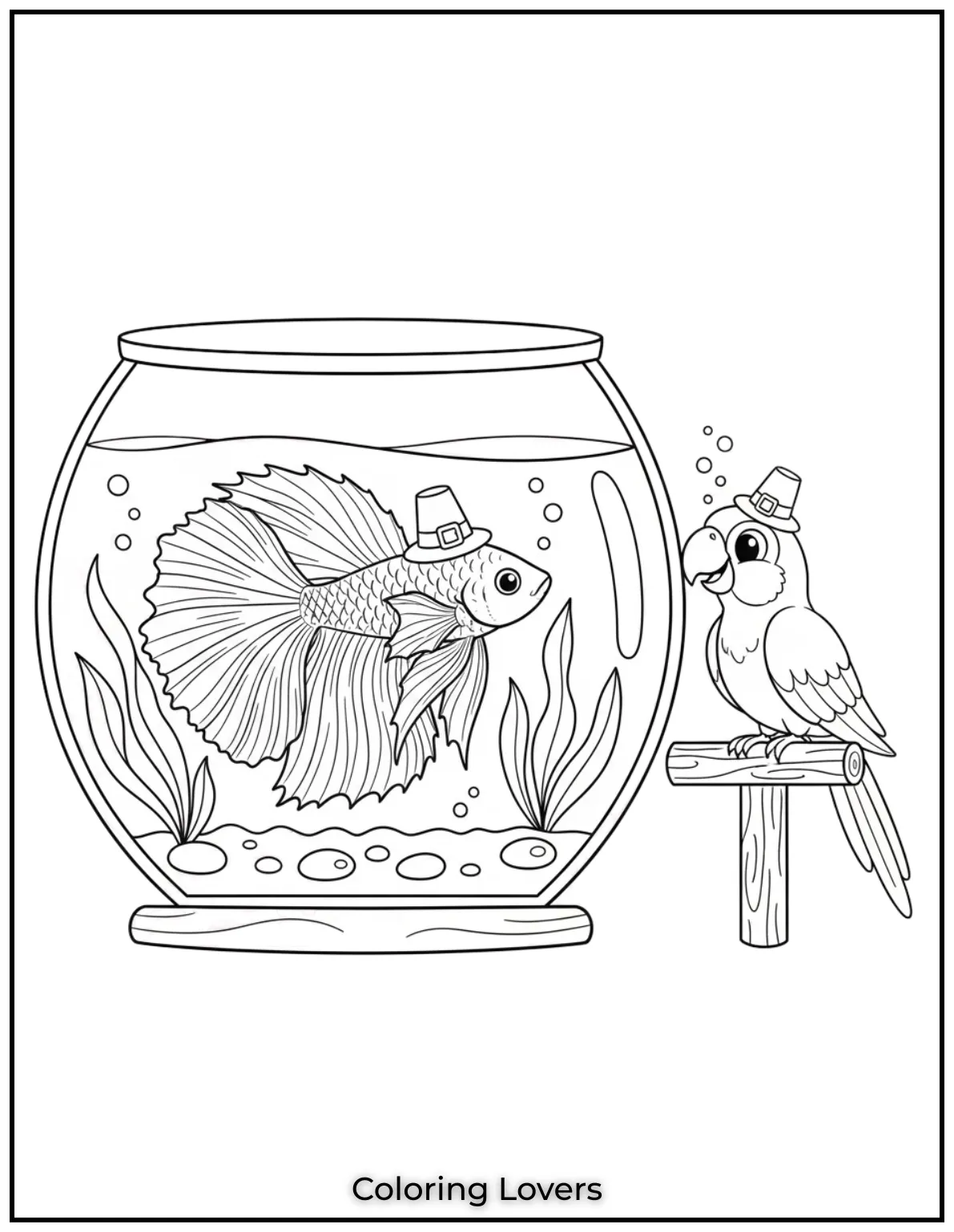 Fish Coloring Pages That Are Free to Downloads 16 A betta fish floats with grace while a parrot watches the aquarium. A gentle bond across the glass