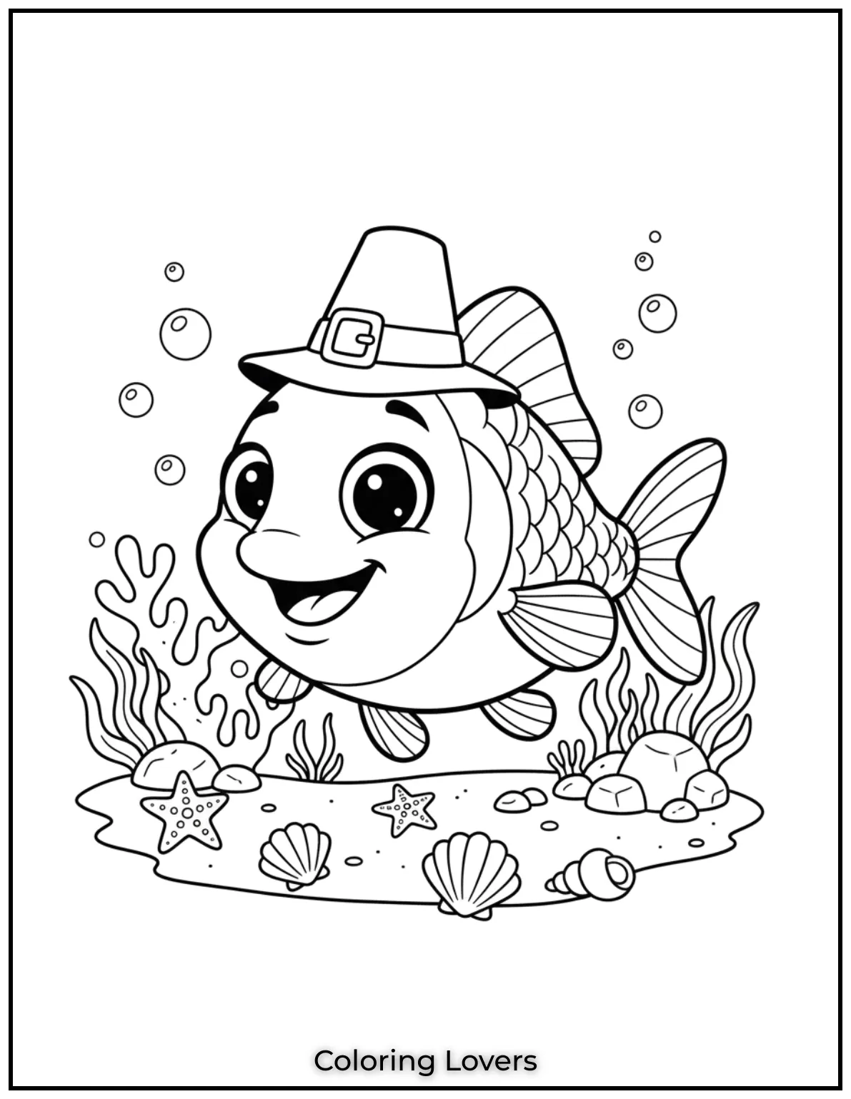 Fish Coloring Pages That Are Free to Downloads 35 A big eyed fish swims past sea stars and shells with a cheerful smile. Its one of the most delightful fish coloring pages for kids to enjoy anytime