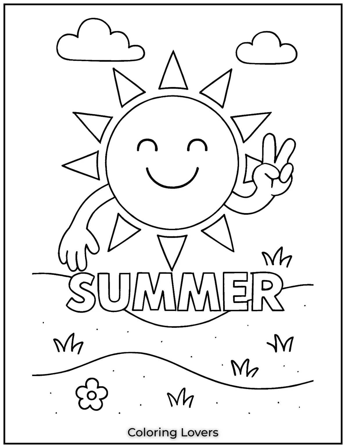 Summer Coloring Pages for Kids and Adults 5 A bold and happy sun celebrating summer with a peace sign