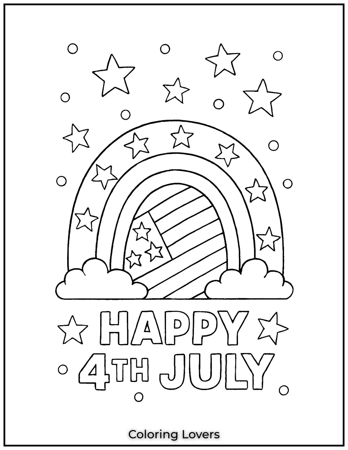 A bold rainbow shines with stars and stripes welcoming July with color and joy. Its a perfect scene for patriotic fun