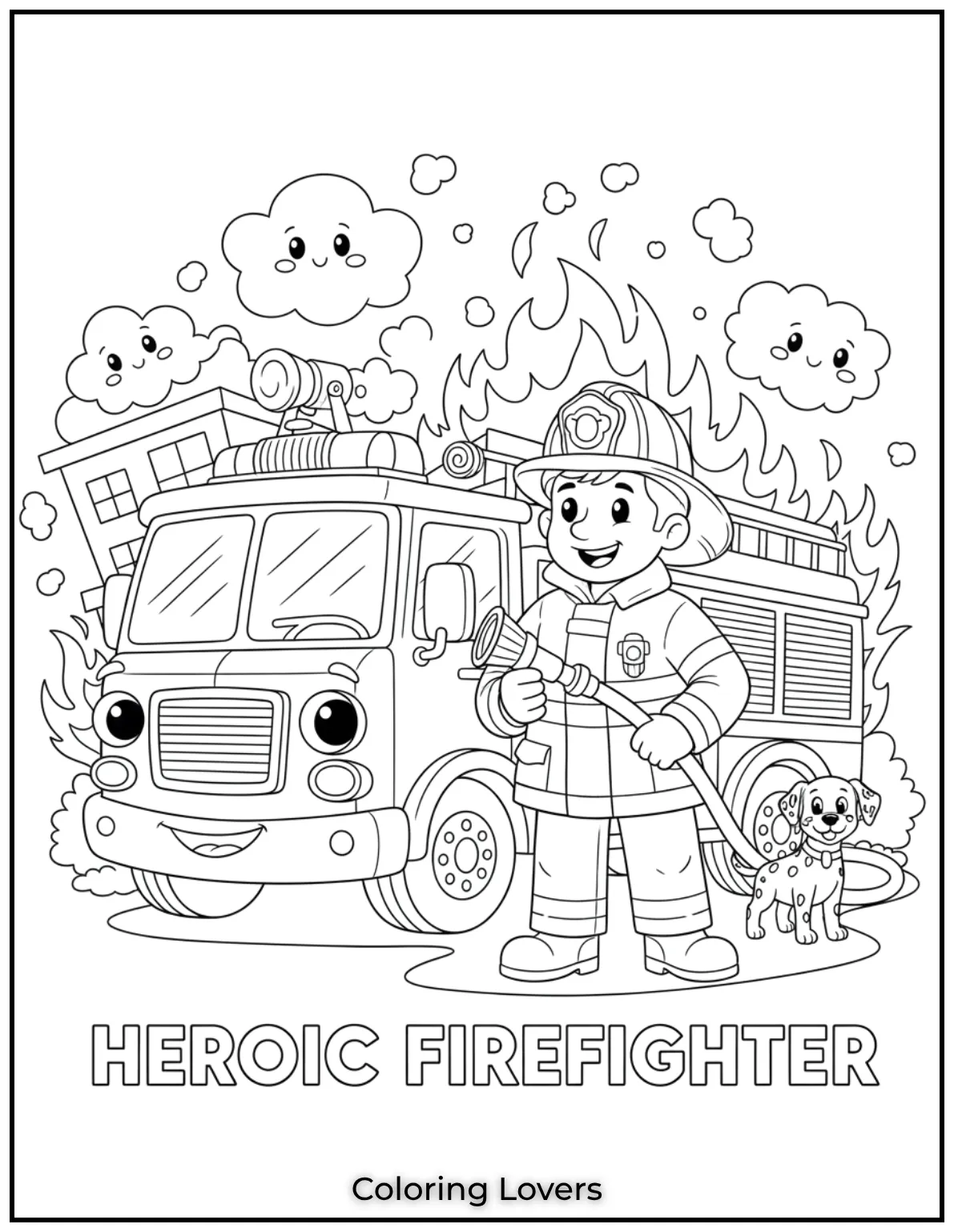 A brave firefighter in uniform always ready to keep everyone safe. Kids will love coloring this heroic scene