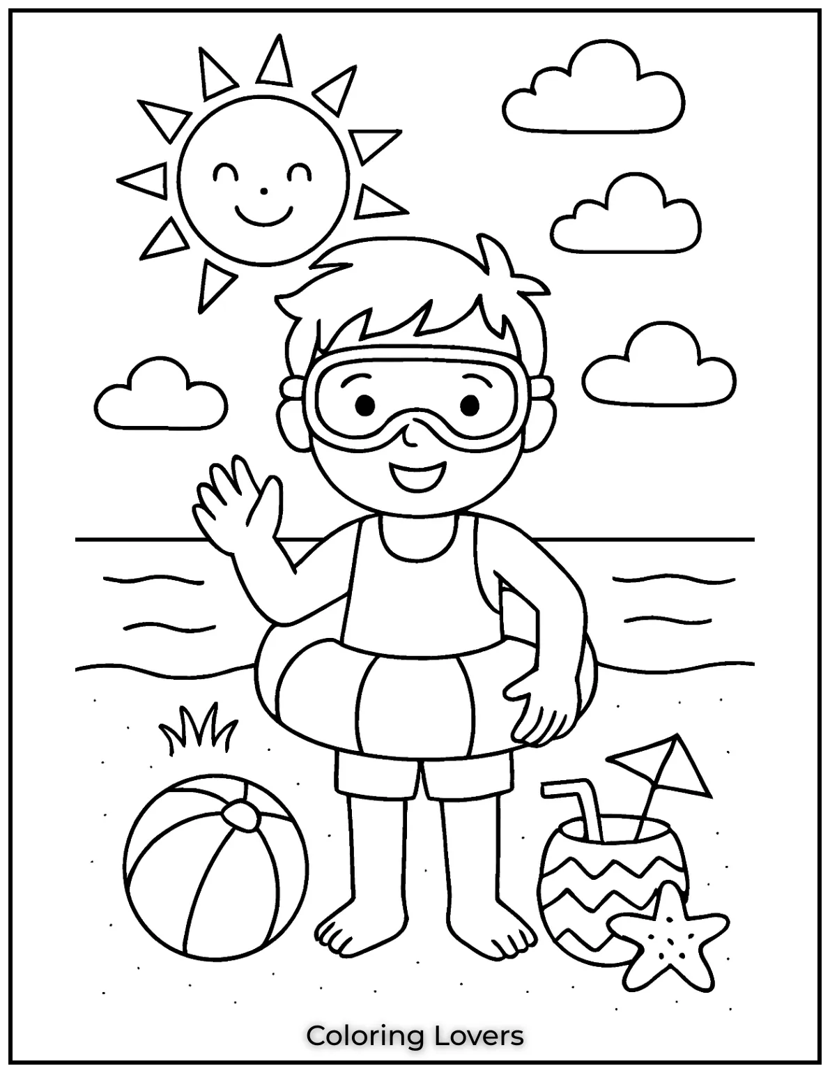 Summer Coloring Pages for Kids and Adults 8 A brave kid ready to dive into summer fun