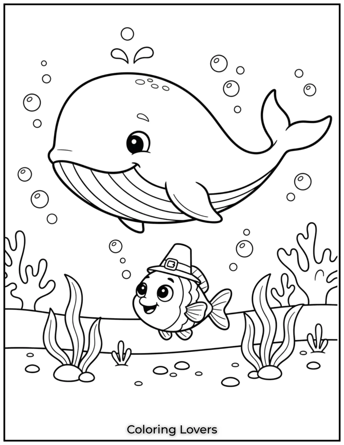 Fish Coloring Pages That Are Free to Downloads 31 A bubbly whale floats gently above a curious fish. The simple background invites kids to add their own ocean colors