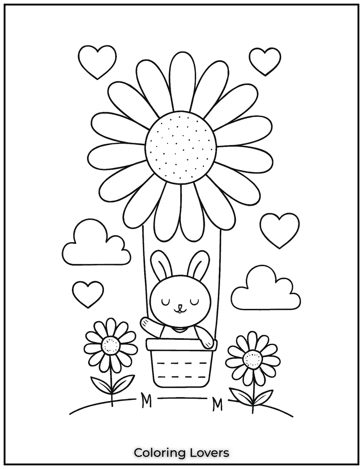 A bunny floats in a hot air balloon shaped like a daisy through the sky. This dreamy design is perfect for daisy coloring pages