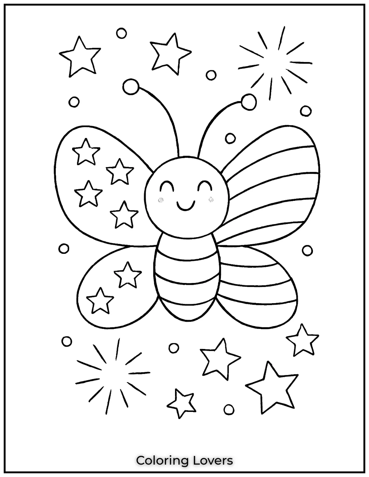 A butterfly sparkles with stars and stripes wings. These 4th of July coloring pages for kids shine bright