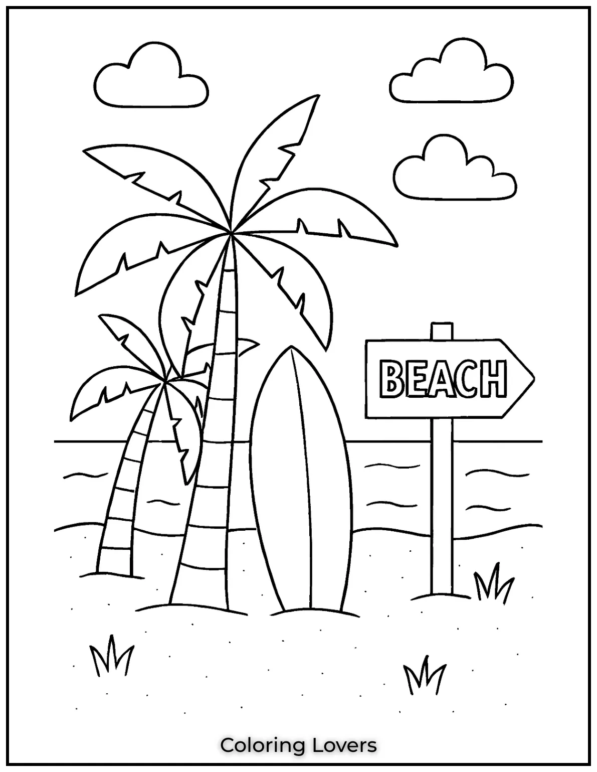 Summer Coloring Pages for Kids and Adults 7 A calm beach day with palm trees a surfboard and a signpost